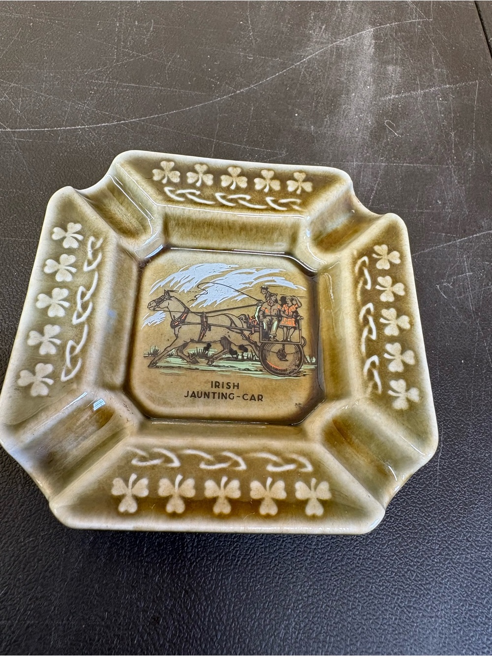 Vintage Wade Irish Jaunting-Car Ceramic Ashtray - Olive Green